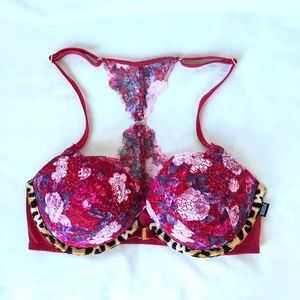 Victoria's Secret PINK Pushup Bra in fuchsia floral cheeta racerback front clasp